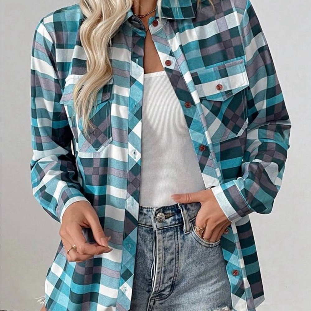 SHEIN Teal Blue Plaid Button-Down Shirt